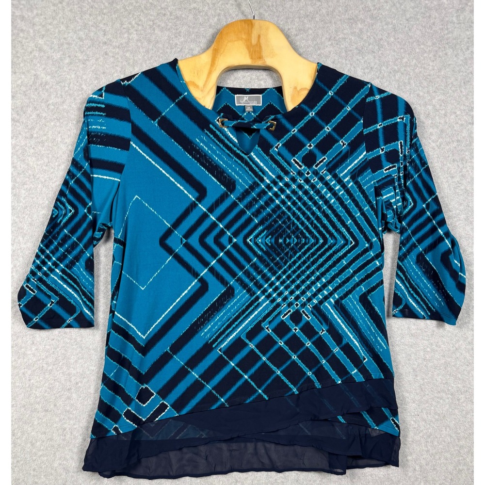 JM Collection Top Woman 2X Teal Blue Excellent Geometric Keyhole 3/4 Blouse